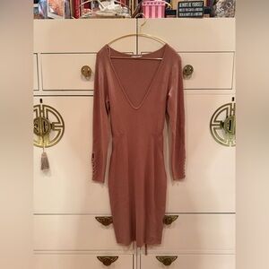 Long Sleeve V-Neck Knit Dress - Dusty Rose